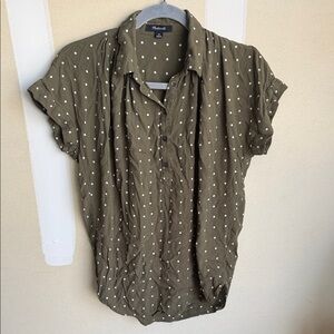 Madewell Olive with White Polka Dot Short Sleeve Button Shirt